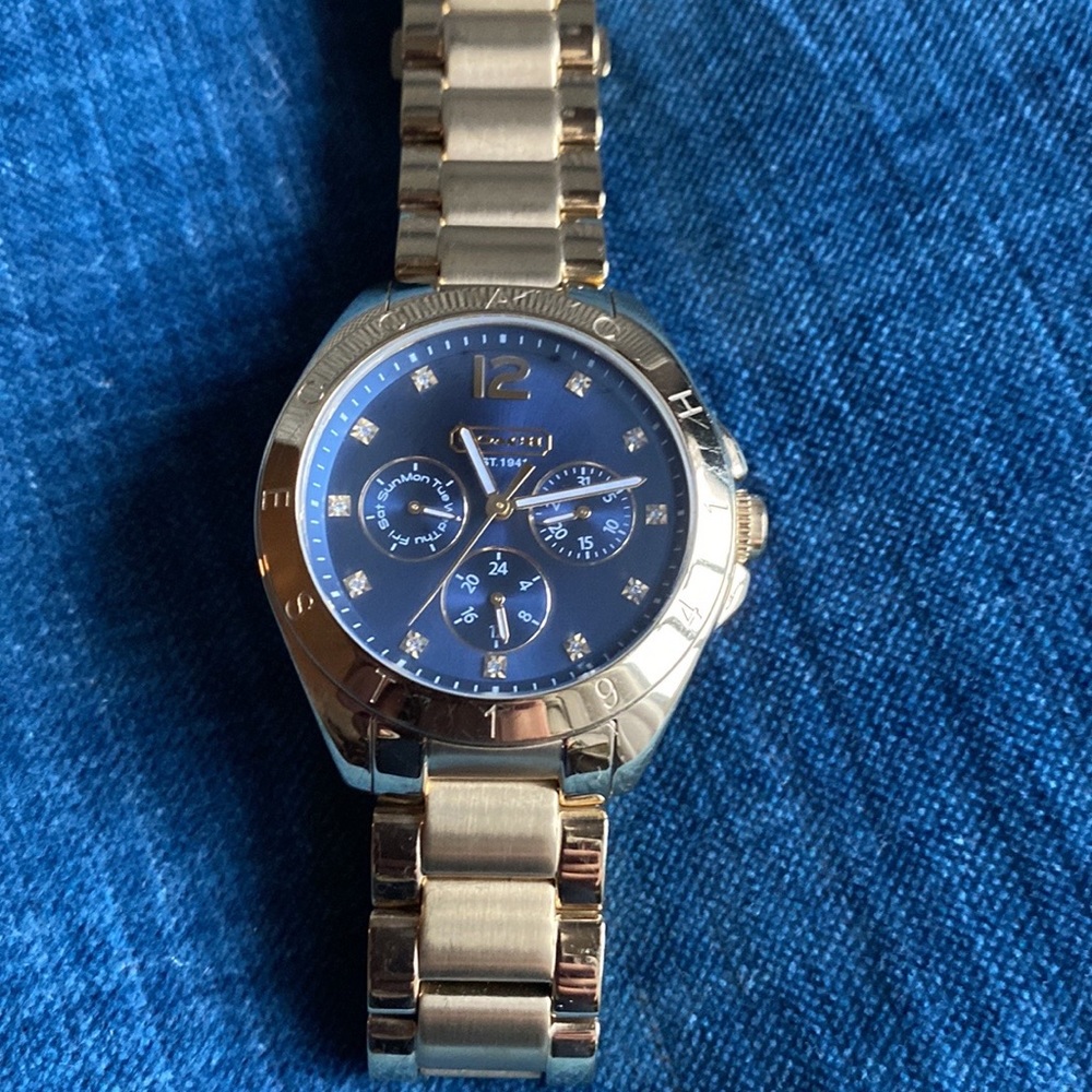 Coach 30m water resistant. Will need a battery. Dress up or down.